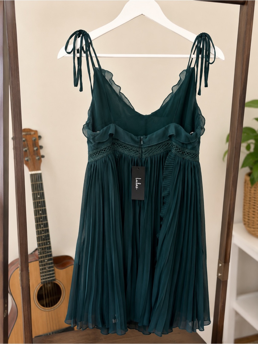 Lulus NWT Teal Pleated Ruffle Maxi Dress Crochet Waist Size Small - Picture 3 of 5